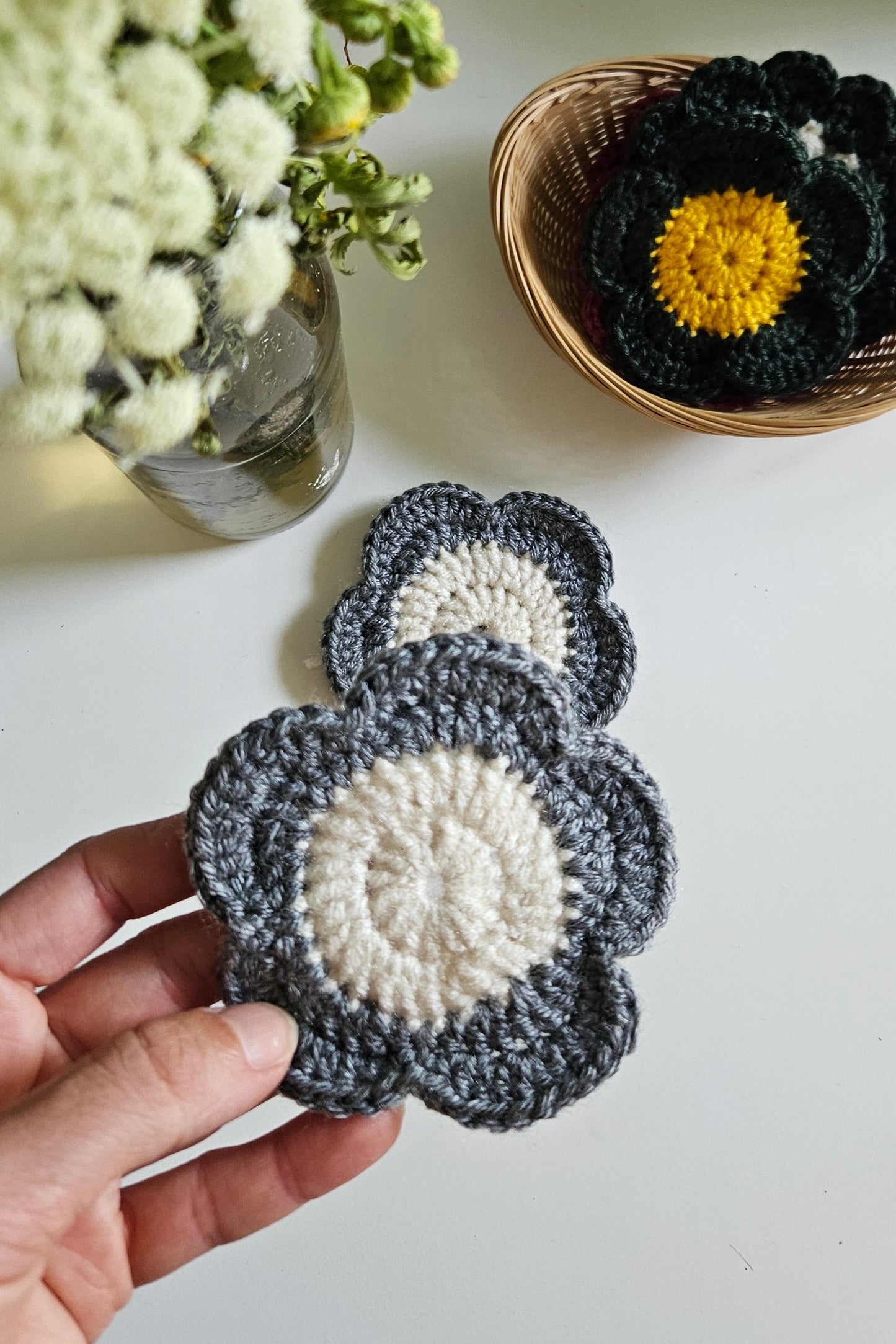 Sous-verre Marguerite - Gris et Ecru