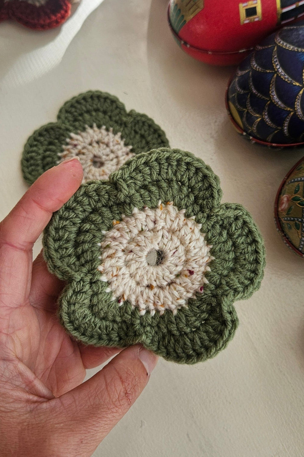 Sous-verre Marguerite - Vert et Ecru Chiné