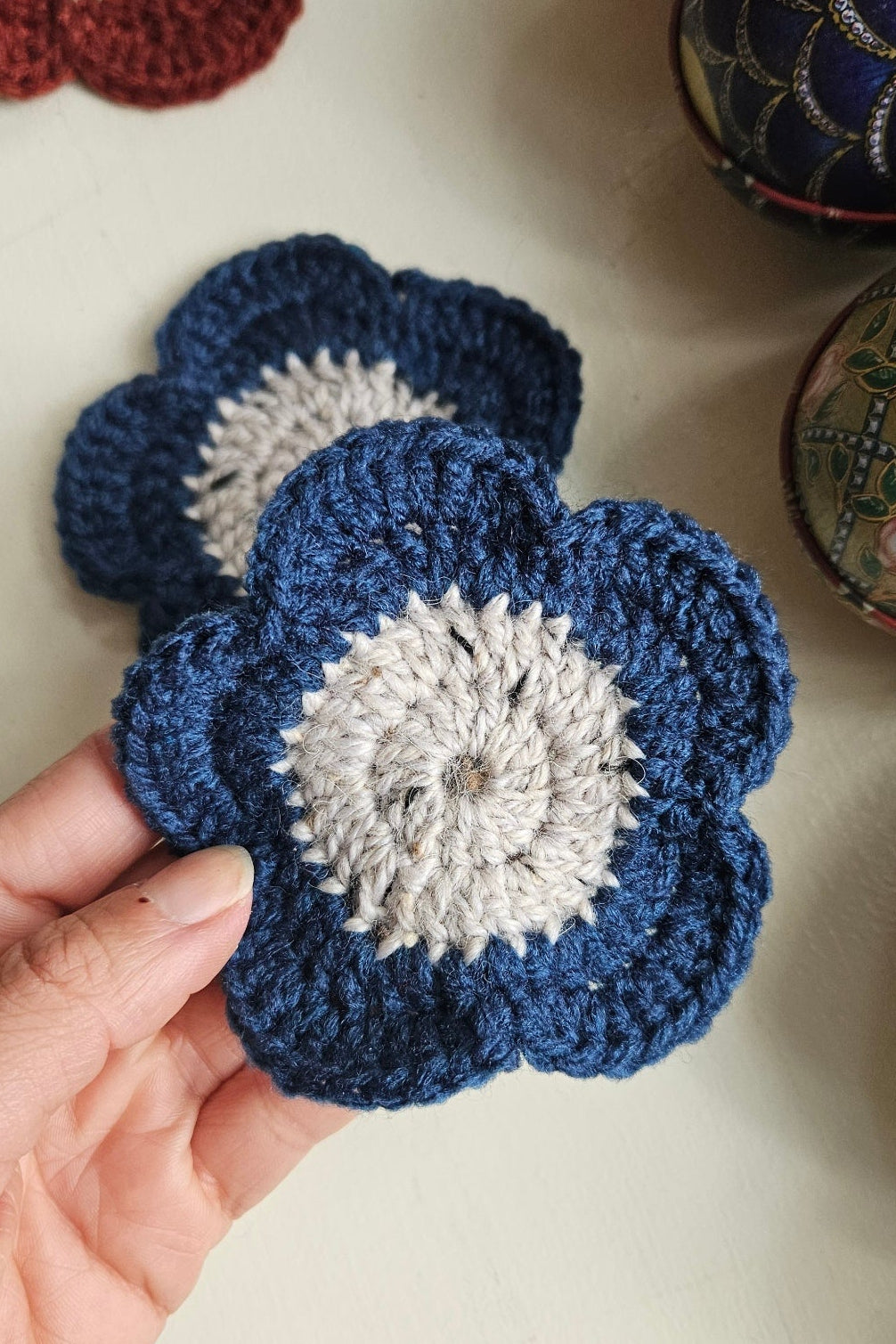 Sous-verre Marguerite - Bleu et Ecru Chiné